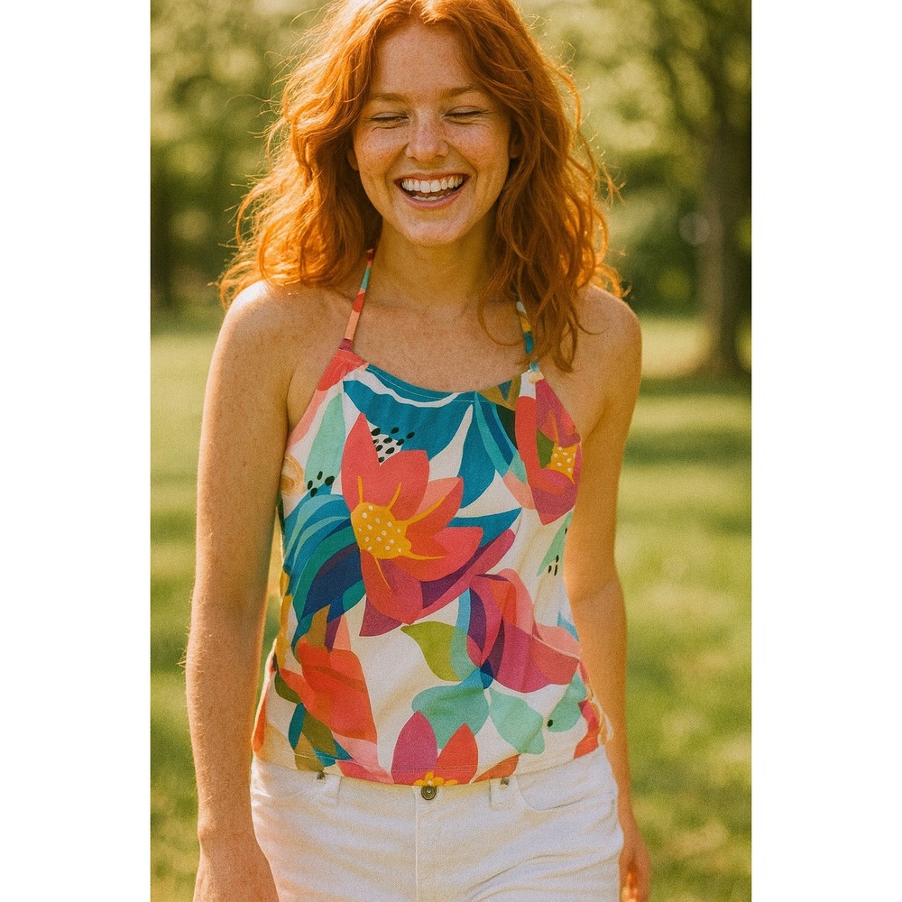 Liz Claiborne Electric Floral Swimsuit Top Shirred Bandeau Molded Cups NWT‎